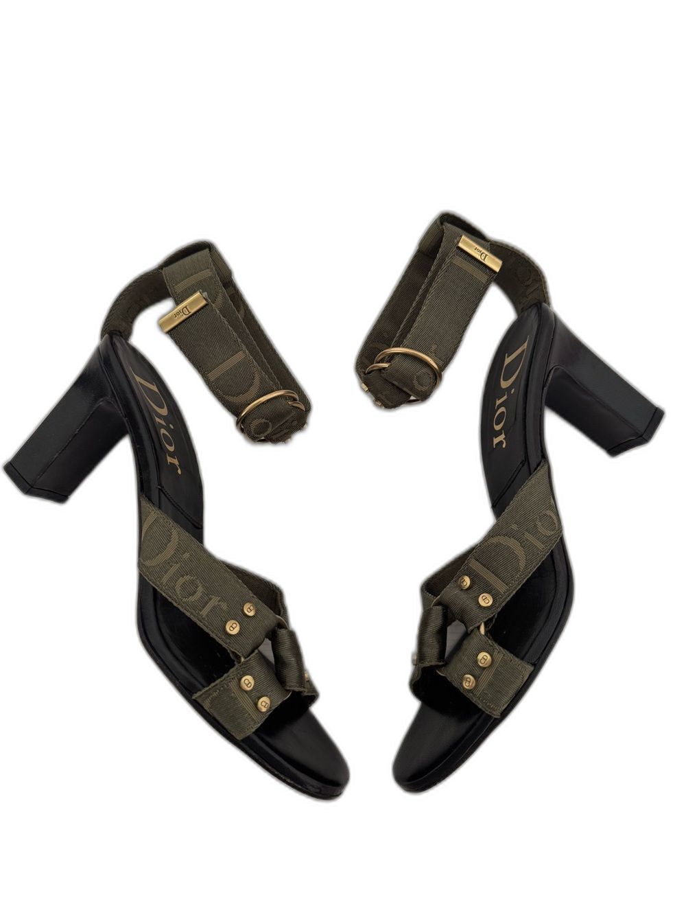 Dior Vintage Galliano Fall 2003 Green Black Bondage Strap Logo Block Heels EU 39